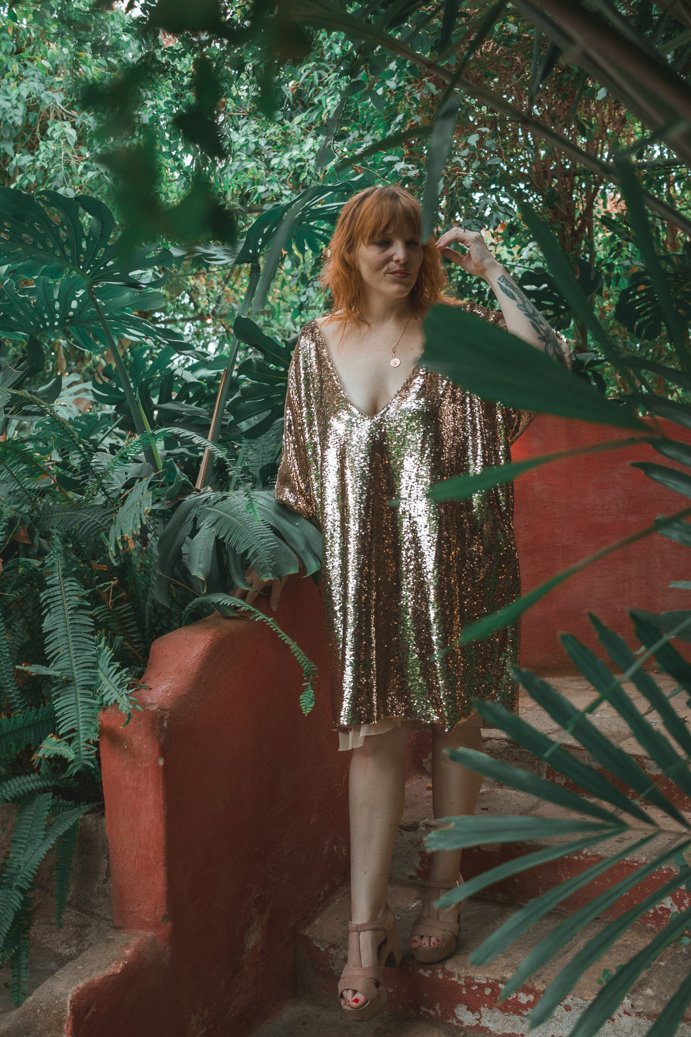 Sequin V-Neck Dress in Gold main image 0