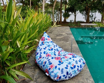 Florale wasserdichte Outdoor-Sitzsackabdeckung + wasserdichte Innenhülle, florale blaue und orangefarbene wasserdichte Sitzsack-Stuhlbezüge, botanisches Dekor