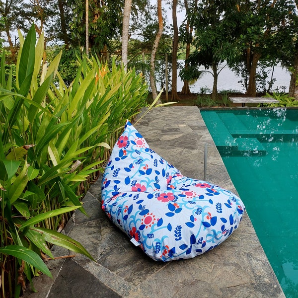 Florale wasserdichte Outdoor-Sitzsackabdeckung + wasserdichte Innenhülle, florale blaue und orangefarbene wasserdichte Sitzsack-Stuhlbezüge, botanisches Dekor