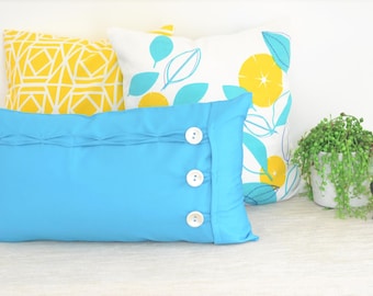 Blue oblong cushion cover 12" x 22" Rectangular throw pillow case with button and loop closure, Lumbar pillow case