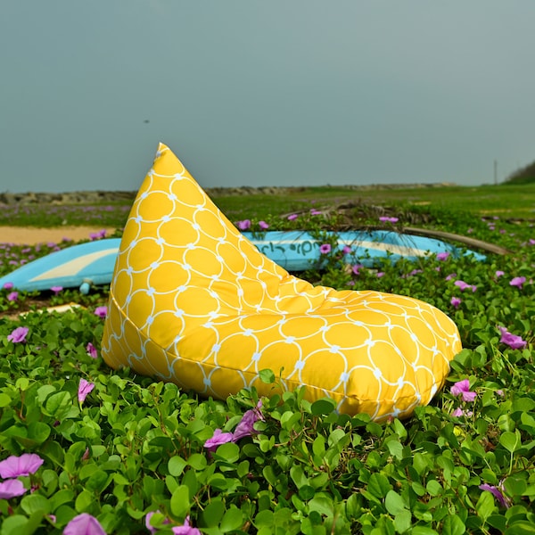 OUTDOOR bean bag chair cover Yellow, with waterproof inner case, WATERPROOF outdoor bean bag covers, large bean bag chairs, Sunny, geometric