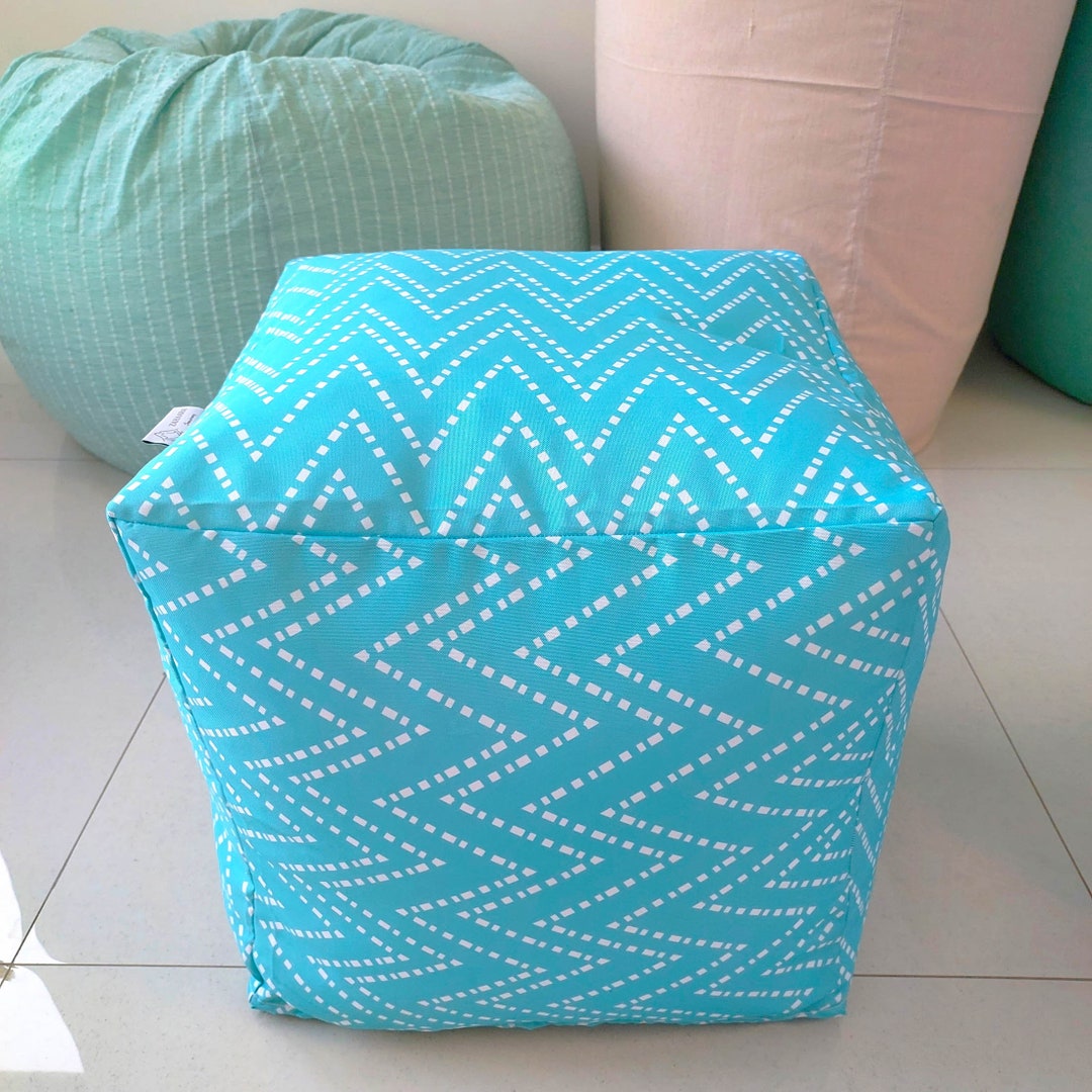 WATERPROOF OUTDOOR Pouf / Ottoman Cover 16 Cube Aqua/turquoise Geometric Chevron Pattern ...