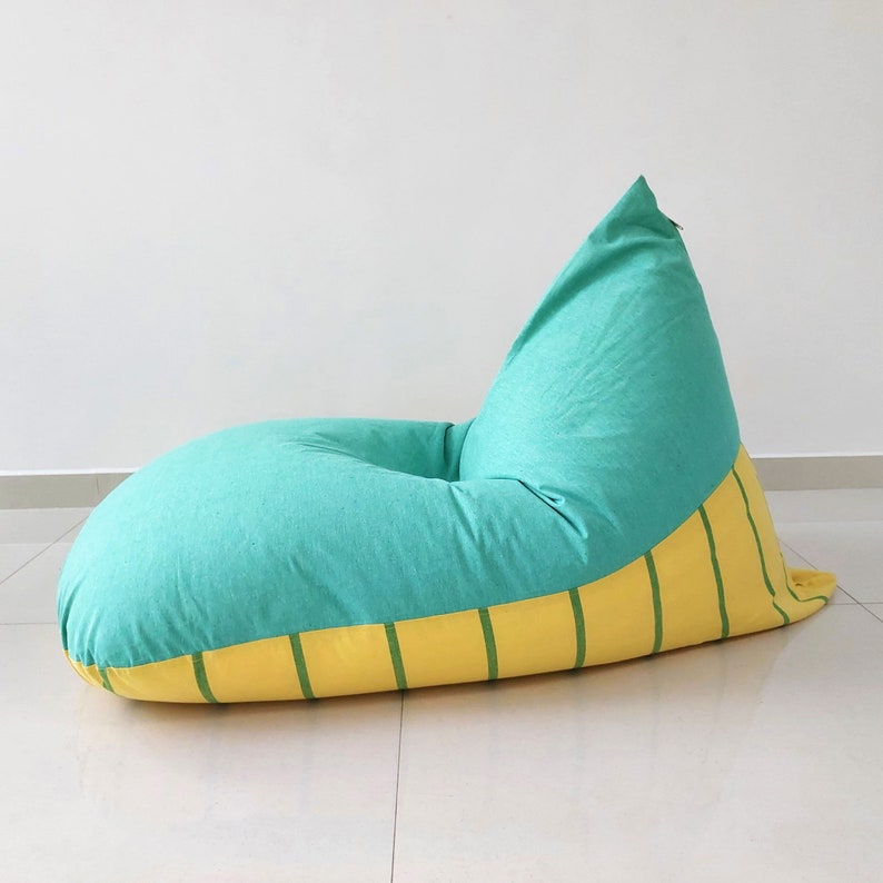 Cubierta de silla de bolsa de frijoles de algodón extra grande amarilla y verde menta en algodón de telar de mano con estuche interior impermeable