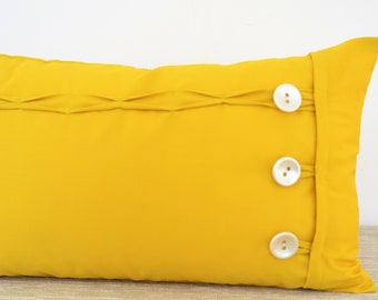 Yellow oblong cushion cover 12" x 22" Rectangular throw pillow case with button and loop closure
