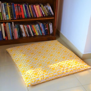 Extra LARGE floor cushion cover 35" WATERPROOF OUTDOOR floor pillow case, bright Yellow Geometric lattice pattern, easy maintenance, durable