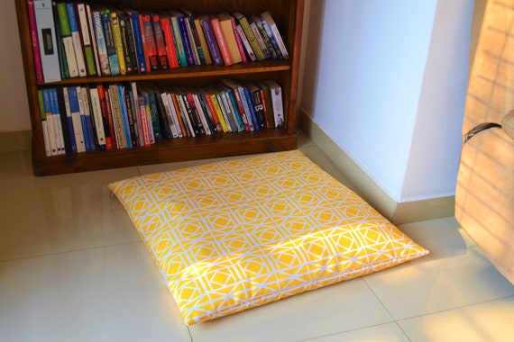 Extra LARGE Floor Cushion Cover 35 WATERPROOF OUTDOOR Floor Pillow Case,  Bright Yellow Geometric Lattice Pattern, Easy Maintenance, Durable 