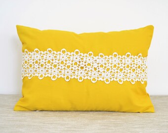 Yellow Oblong / Rectangular Cushion Cover Slight Defect 12 x 16 inch with lace feature