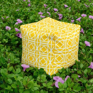 WATERPROOF OUTDOOR Pouf / Ottoman cover 16" square bright Yellow Geometric lattice pattern + waterproof inner case