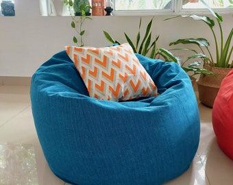 Blue round cotton bean bag chair cover, in handloom cotton with waterproof inner case, Blue adult bean bag cover