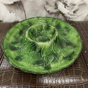 Victor Foglia Leonardo Majolica Green Leaf Italian Chip & Dip Platter from the 1960&#39;s