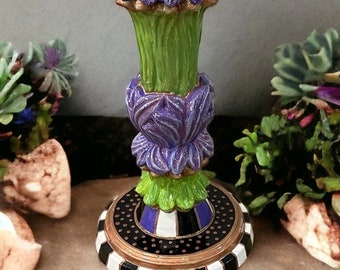 Whimsical Candle Holder  13 1/2" Tall  ONE OF A KIND  ** Handpainted Green and Purple