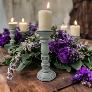 Vintage Distressed Light Aqua/Blue WOOD Farmhouse Style Candle Holder     12&quot; Tall