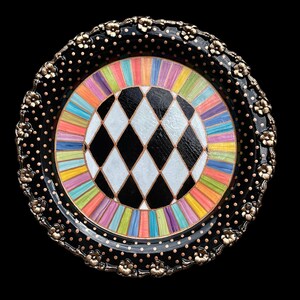 Vintage Round FOOTED Metal Tray ** Whimsical Hand Painted Design  13 1/2&quot;