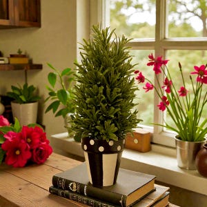 May include: A small, green, artificial plant in a black and white polka-dot and striped pot. The plant sits atop a stack of old books on a wooden table. Red flowers and other plants are visible in the background near a window.