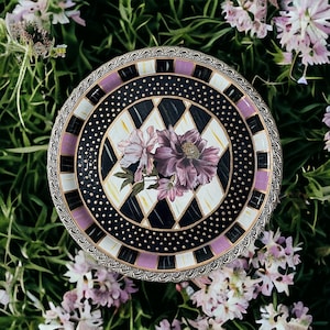 Vintage Round Metal Tray ** Whimsical Hand Painted Design  12 1/2&quot;