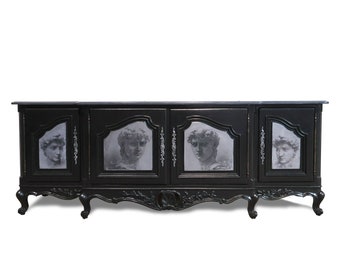 SOLD Example :  Elegant Black and Grey Console Table, Long Storage Cabinet, Glam TV Stand, Large Buffet