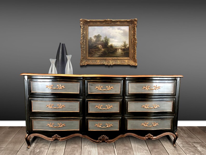 Sold Fluid Art Gold Black And Grey Vintage French Dresser Etsy