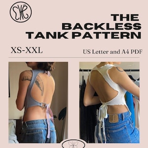 Peut inclure: Image d'un patron de couture pour un débardeur dos nu, intitulé "THE BACKLESS TANK PATTERN", avec les tailles XS-XXL. Le patron est disponible en formats US Letter et A4 PDF. Deux exemples du débardeur sont présentés, l'un gris et l'autre blanc.