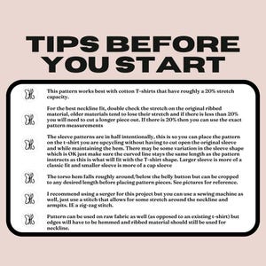 Op de afbeelding: Tips voor het naaien van een T-shirt van een bestaand T-shirt. De tekst legt uit hoe je het patroon gebruikt en hoe je het aanpast voor rek. De tekst noemt ook het gebruik van een overlockmachine of naaimachine.