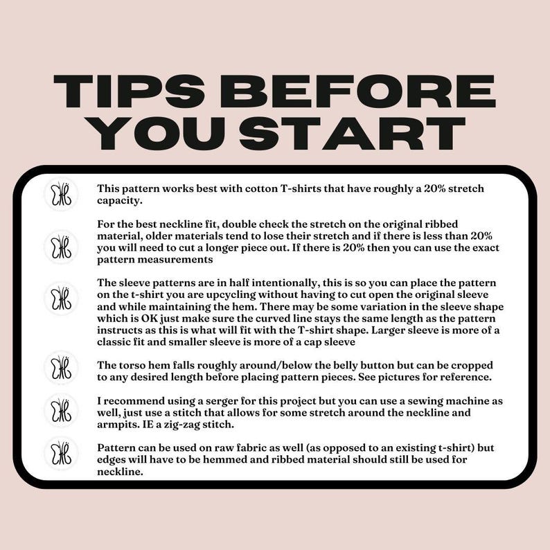 Op de afbeelding: Tips voor het naaien van een T-shirt van een bestaand T-shirt. De tekst legt uit hoe je het patroon gebruikt en hoe je het aanpast voor rek. De tekst noemt ook het gebruik van een overlockmachine of naaimachine.