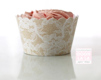 MADE TO ORDER Beautiful In Burlap And Lace Style Cupcake Wrappers Set Of 12 MADE TO ORDER Beautiful In Burlap And Lace Style Cupcake Wrappers Set Of 12