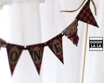 MADE TO ORDER Lumberjack Buffalo Plaid and Burlap Cake Bunting with Image and Personalized