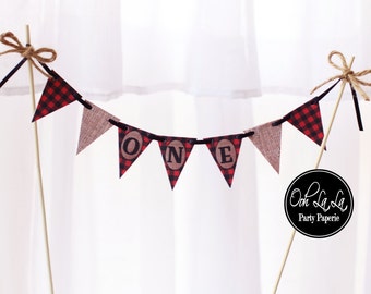 MADE TO ORDER Lumberjack Buffalo Plaid and Burlap Cake Bunting- personalized