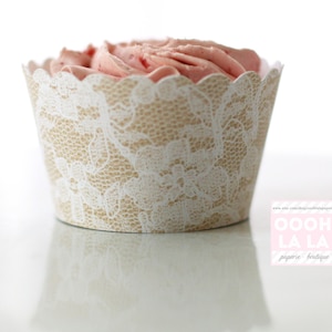 MADE TO ORDER Beautiful in Burlap and Lace Style Cupcake Wrappers- Set of 12