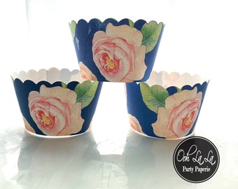 MADE TO ORDER Watercolor Floral with a Watercolor Blue background Cupcake Wrappers- Set of 12