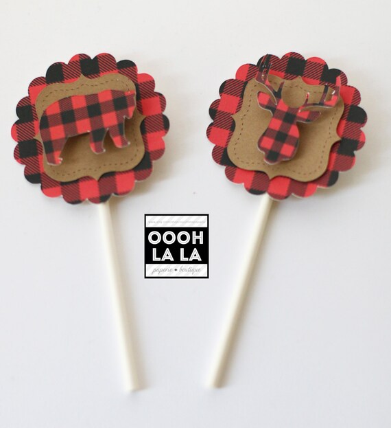MADE TO ORDER Lumberjack themed/Buffalo Plaid Cupcake Toppers with or without lollipop stick