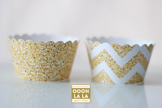 MADE TO ORDER Glittered-style/ Faux Glitter Yellow Gold and Chevron Cupcake Wrappers- Set of 12 Il_570xn