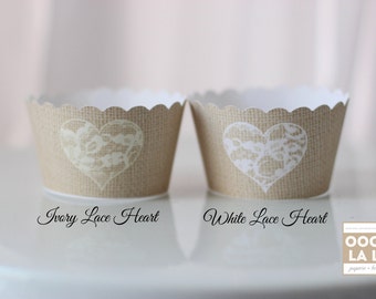 MADE TO ORDER Set of 100 Burlap and Heart Lace Style Cupcake Wrappers with white or ivory lace heart