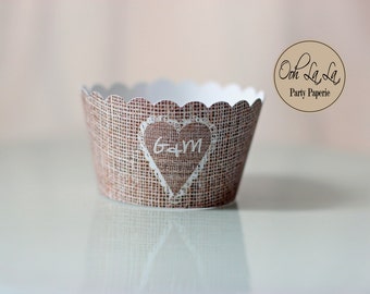 MADE TO ORDER Set of 50 Personalized in a Heart Burlap-style Cupcake Wrappers in a loose woven style