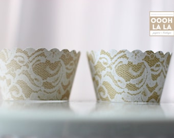 MADE TO ORDER Set of 25 Floral Lace and Burlap Style Cupcake Wrappers