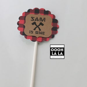 MADE TO ORDER Lumberjack themed/Buffalo Plaid Personalized Cupcake Toppers with or without lollipop stick Set of 12 image 2