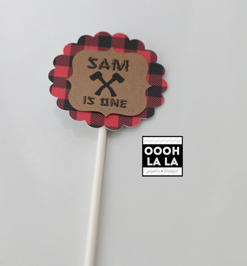 MADE TO ORDER Lumberjack themed/Buffalo Plaid Personalized Cupcake Toppers with or without lollipop stick Set of 12 image 2