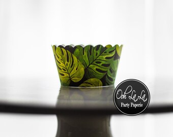 MADE TO ORDER Monstera Tropical Leaves with black background Cupcake Wrappers- Set of 12