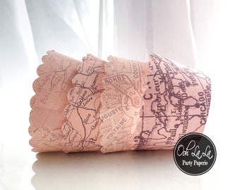 MADE TO ORDER Pink Toned Vintage Map Cupcake Wrappers- Set of 12