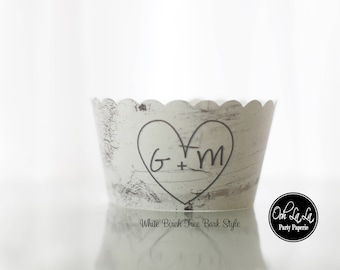 Set of 25 MADE TO ORDER "Carved" Initials in a Birch Tree  Cupcake Wrappers in White or Natural Birch Tree Style