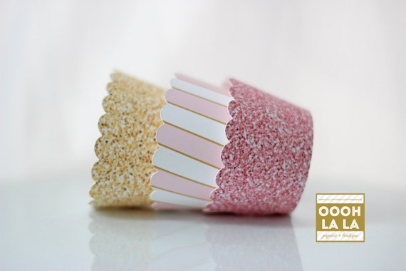 MADE TO ORDER Pink and Yellow Gold Glitter-style/Faux Glitter Cupcake Wrappers Il_570xn