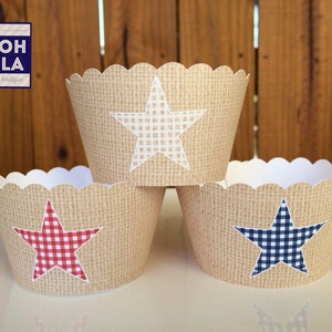 MADE TO ORDER Burlap and Gingham Stars Cupcake Wrappers Set of 12 image 1