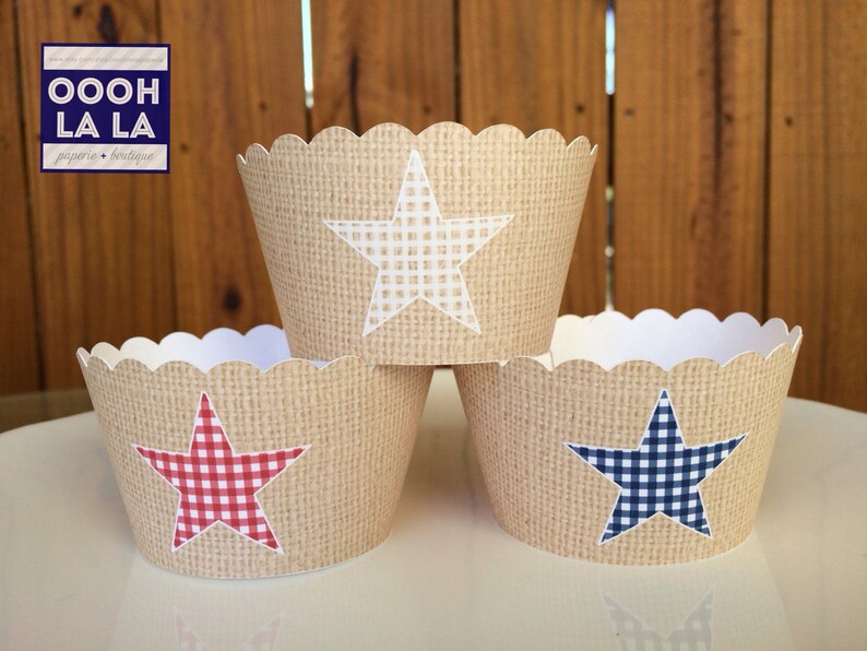 MADE TO ORDER Burlap and Gingham Stars Cupcake Wrappers Set of 12 image 1