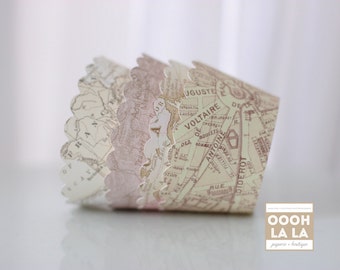 Set of 50 MADE TO ORDER Ivory, Cream and Beige Vintage Map Cupcake Wrappers