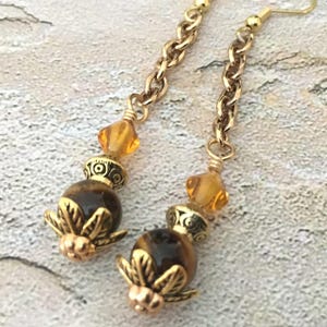 Tigers Eye Dangle Earrings, Gold Chain, Summer, Autumn, Lunar New Year Jewelry