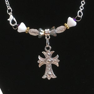 Silver Cross Pendant Necklace: Czech Glass Flowers, Swarovski Crystal