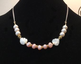 Peach Pearl & Mother of Pearl Jewelry Set: Handmade Necklace, Bracelet, Earrings