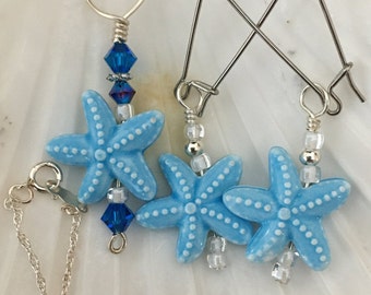 Sea Star Necklace Set, 18" Necklace, Star Fish Necklace Set, Under the Sea Necklace Set, Beach Necklace Set, Blue Star Fish