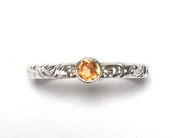 Tiny Orange Sapphire Silver Swirl Wire Stacking Ring