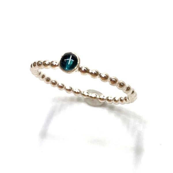 Tiny Rare Paraiba Tourmaline Blue Green Cabochon and Silver Pearl Wire Stacking Ring Size 6 1/4