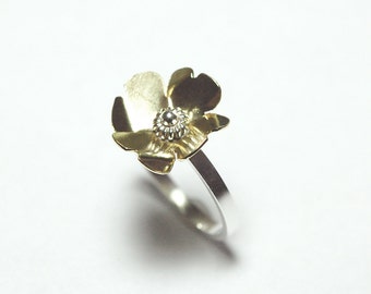 Yellow Flower Ring Brass Silver Mixed Metal